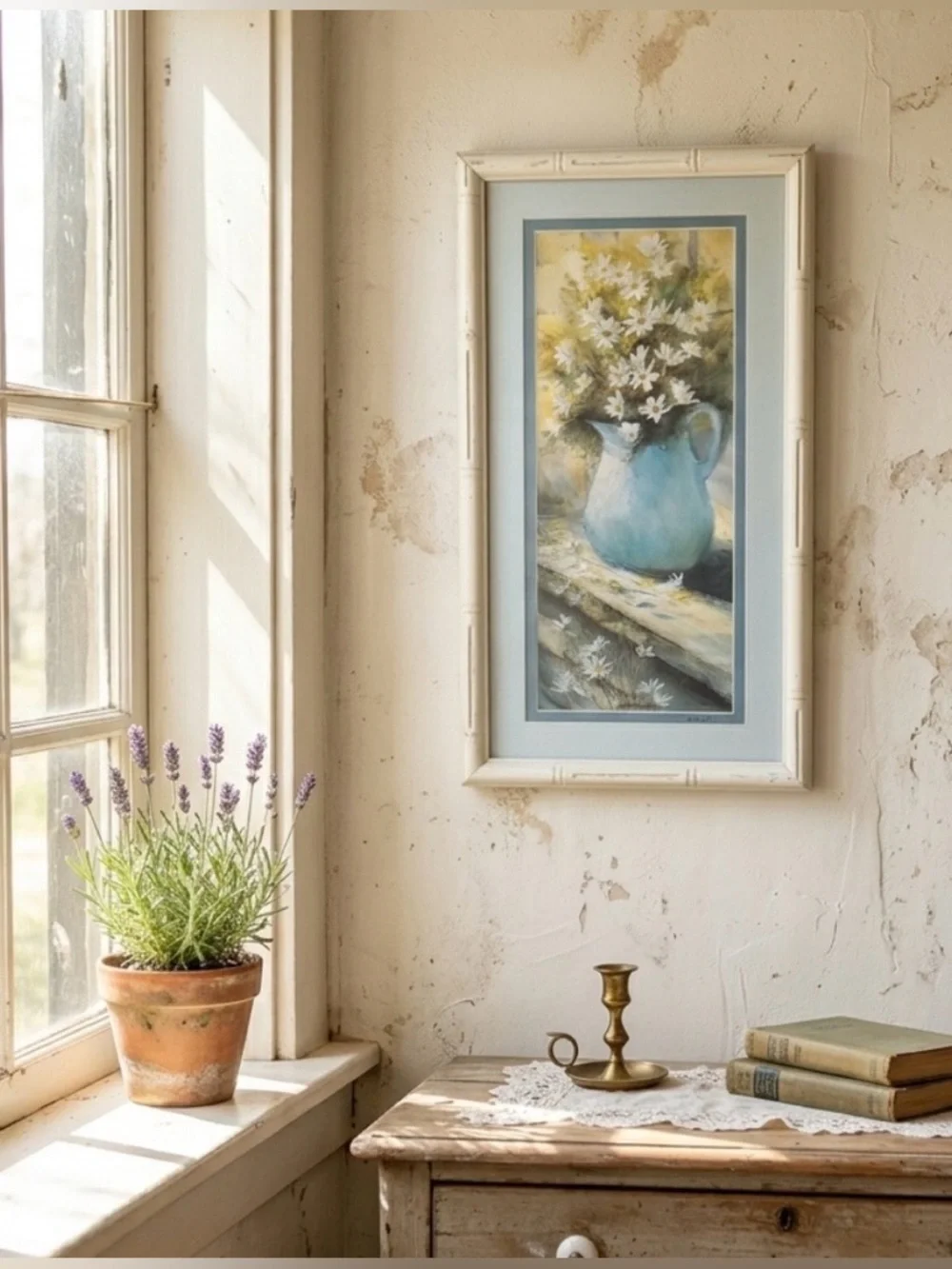 Vintage Daisies in Vase Floral Print Art Mid Century Faux Bamboo Frame Bjorkland